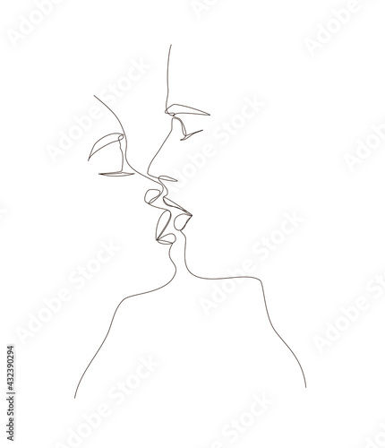 Linear kissing couple in minimalistic style. Modern line art illustration.  (ID: 432390294)