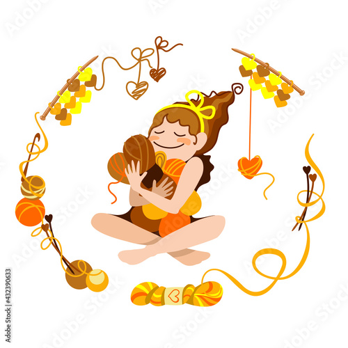 HAPPY GIRL HOLDING A LOT OF YARN IN HER HANDS KNITTING HOBBY VECTOR LOGO POSTCARD