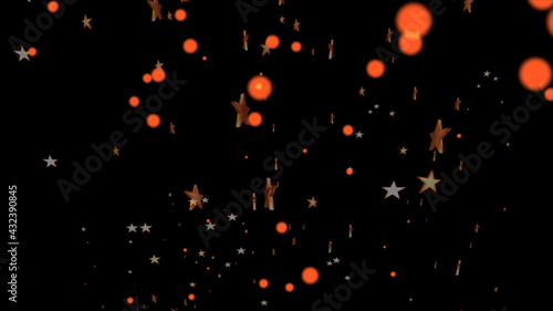Abstract flight of multicolored stars and burning particles in outer space at high speed. Close-up. A beautiful decoration for a holiday, disco, festival. Isolated black background.