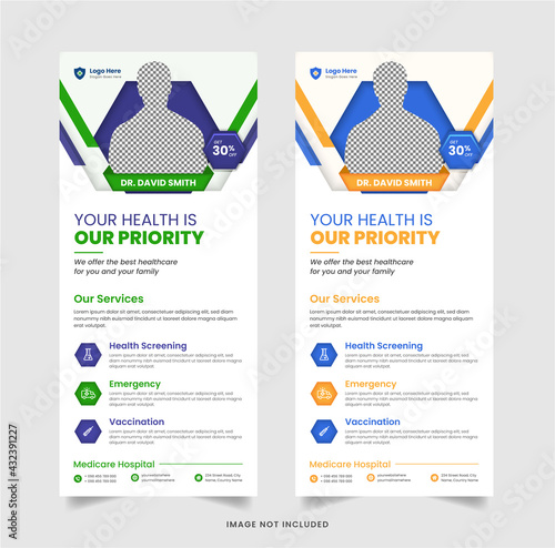 Clinic Business Dl Flyer poster template brochure healthcare cover design layout background two colors scheme vector template in A4 size Premium Vector ads