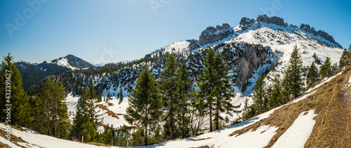 Kampenwand Mountain Chain view with snow landscape background as a real hiking destination