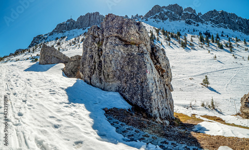 Kampenwand Mountain Chain view with snow landscape background as a real hiking destination