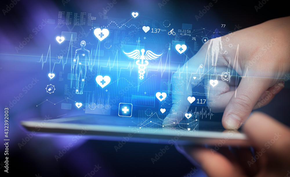 Close-up of a touchscreen with healthcare icons Close-up of a touchscreen with healthcare icons
