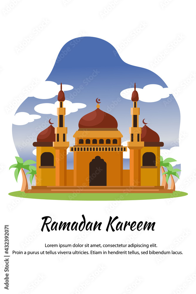 Flat cartoon mosque at ramadan kareem cartoon illustration