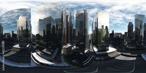 Panorama of the city. Environment map. HDRI map. equidistant projection. Spherical panorama. 3D rendering