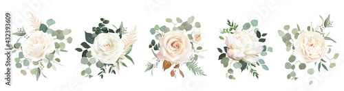 Eucalyptus and white roses, ranunculus vector design bouquets