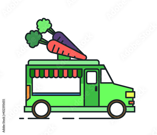 Street Food Truck. Greengrocer truck colorful flat line illustration.
