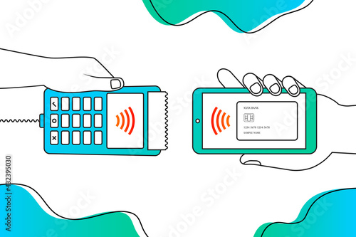 Paying with smartphone at POS terminal. Mobile phone and contactless payment. NFC technology.