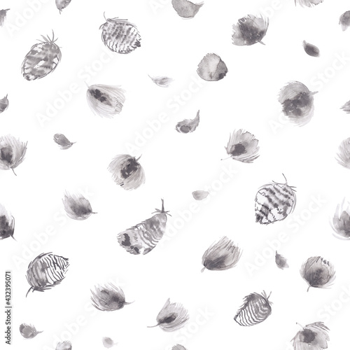 Hand drawn watercolor seamless pattern with bird feathers in light grey colors.