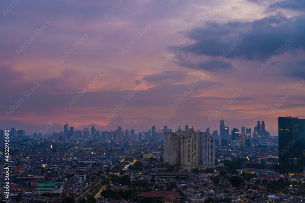Beautiful Scenery of Jakarta Skyline from Kemayoran during sunrise and daylight