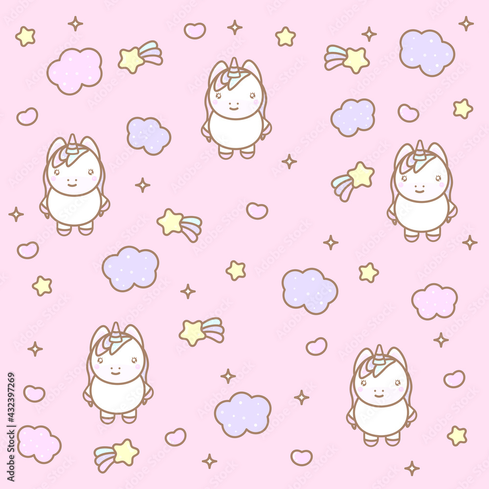 Kawaii pattern with unicorn, clouds and stars on a pink background.
Kawaii pattern with unicorn, clouds and stars on a pink background.