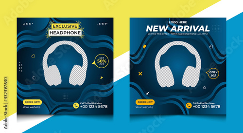 Headphone sale social media post template design with abstract background, Modern elegant social media cover template, Instagram and Facebook Headphone brand square web banner design.