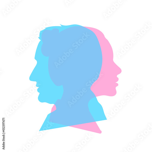 Detailed beautiful woman and man face profiles in one, relationship concept on white © EvgeniyBobrov