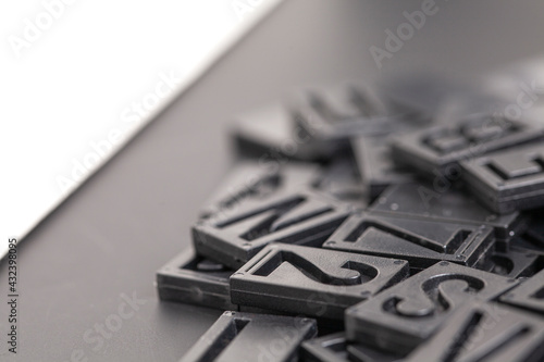 letterpress alphabet and numbers on black background