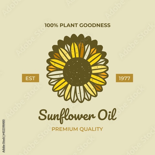 Label for refined sunflower oil with sunflower vector illustration and text