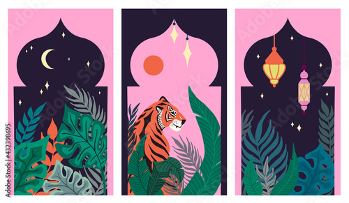 Set of Abstract tropical Leaves, Tiger and Islamic Arabic lantern in the Asian Arches. Arabian night. Sun, moon and stars. Hand-drawn Vector illustration in an aesthetic oriental asian style. 
