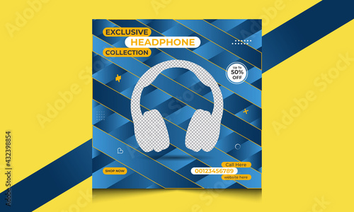 Modern creative headphone brand promotional Instagram and Facebook Social Media Post design, Abstract square web banner design, Elegant social media cover template.