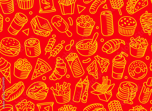 Fast food seamless pattern. Burger, hot dog, pizza and other food yellow vector pattern on red background. Best for restaurants, cafes, bars and food courts.