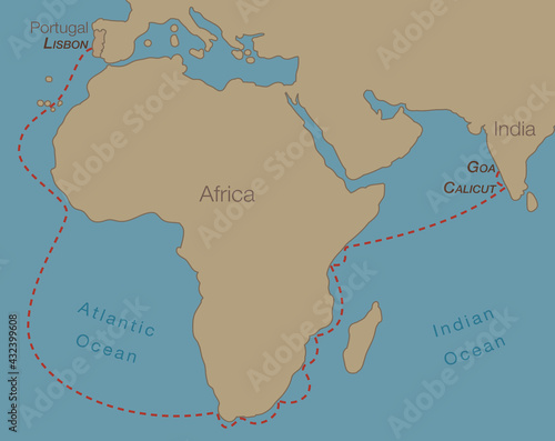 Vasco da Gama, Portuguese explorer, his first voyage from Lisbon around Africa to India, discovery of the sea route through the Atlantic and Indian Ocean. Vector map illustration. 