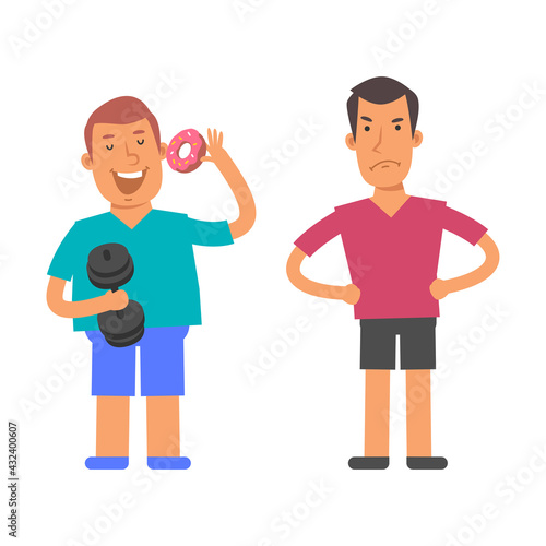 Fat man holding dumbbell and holding sweet donut. Thin man holds his hands at his hips and angry. Vector characters