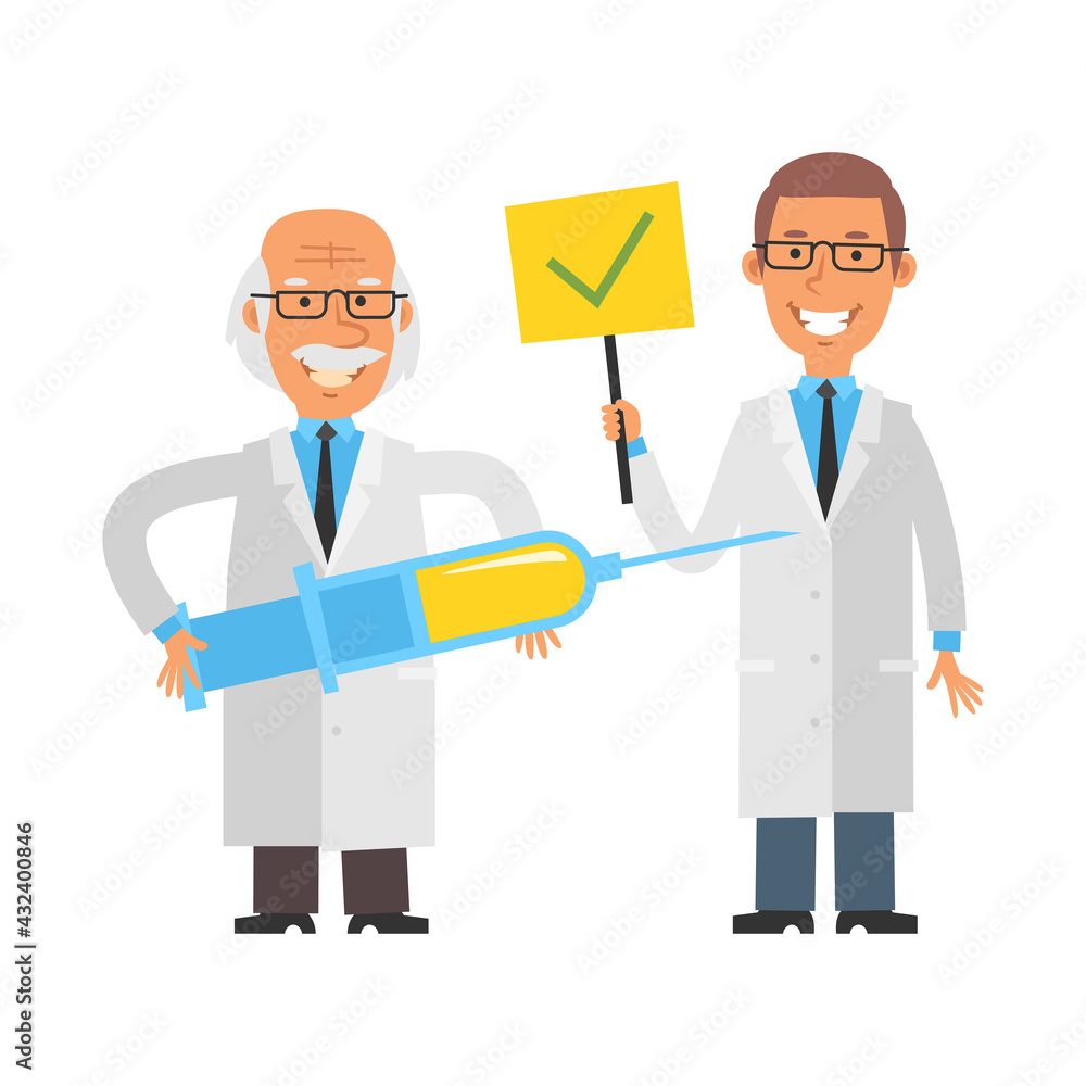 Old scientist holding syringe and smiling. Young scientist holding sign with check mark and smiling. Vector characters Old scientist holding syringe and smiling. Young scientist holding sign with check mark and smiling. Vector characters