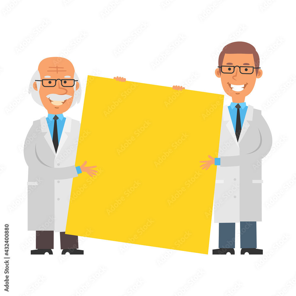 Young and old scientist holding big blank sign and smiling. Vector characters Young and old scientist holding big blank sign and smiling. Vector characters