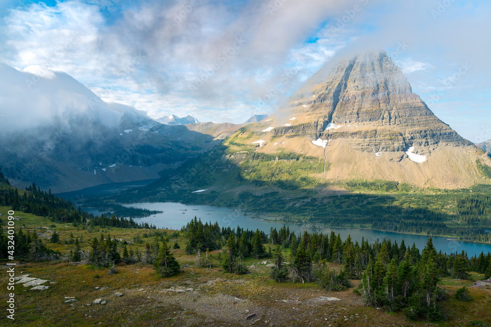 Hidden Lake and pyramidshaped Bearhat Mountain in Glacier National