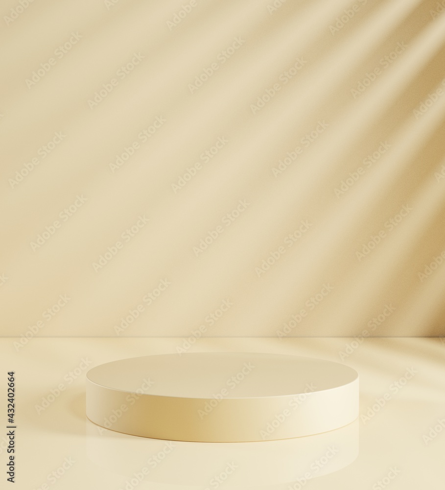 3D render, Illustration. A cylinder, podium, pedestal in soft pastel colors. Geometric shapes composition with empty space for product design show. Minimalistic. Studio background. Leaves shadow. 3D render, Illustration. A cylinder, podium, pedestal in soft pastel colors. Geometric shapes composition with empty space for product design show. Minimalistic. Studio background. Leaves shadow.