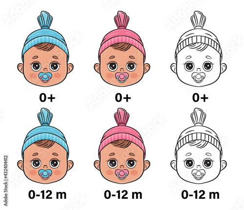 Suitable for newborn. Cute baby face portrait. Safe for children from birth. Allowed from 0+ months. Little boy or girl first year with pacifier. Icon set for toys, child cosmetics, nutrition. Vector  photo