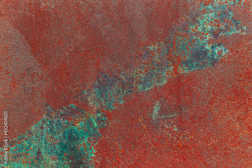 Turquoise and red rustic texture background with craquelure.