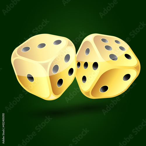 Gold dice isolated on dark green background. Vector illustration
