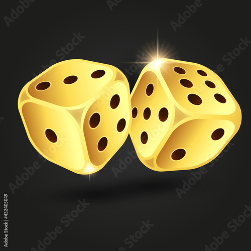 Gold dice isolated on black background. Vector illustration