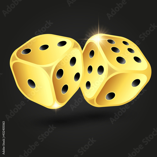 Gold dice isolated on black background. Vector illustration