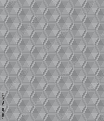 Seamless abstract gray background pattern. Triangle are arranged to form 3D hexagon. Texture design for fabric, tile, cover, poster, textile, flyer, banner, wall. Vector illustration.