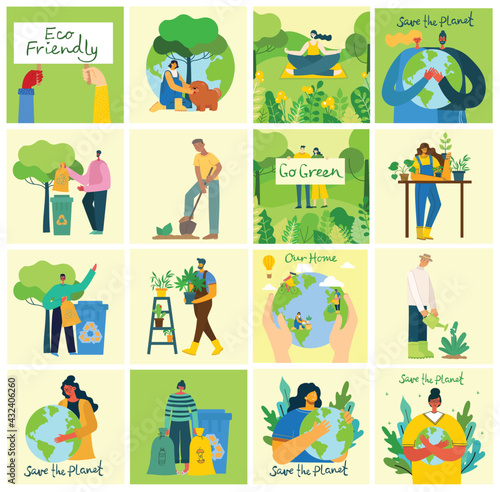 Set of eco save environment pictures. People taking care of planet collage. Zero waste, think green, save the planet, our home hand written text