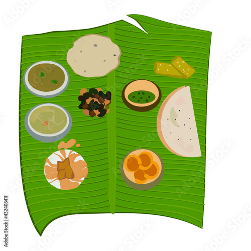 Asian food. Indian food. Thali.  Banana leaf. curry. Thai cuisine. Chapati. Tortillas. Variety of food. Coconut chutney