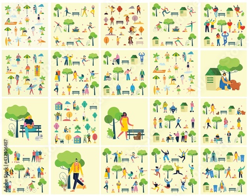 Vector illustration backgrounds of group people walking outdoor in the park on weekend