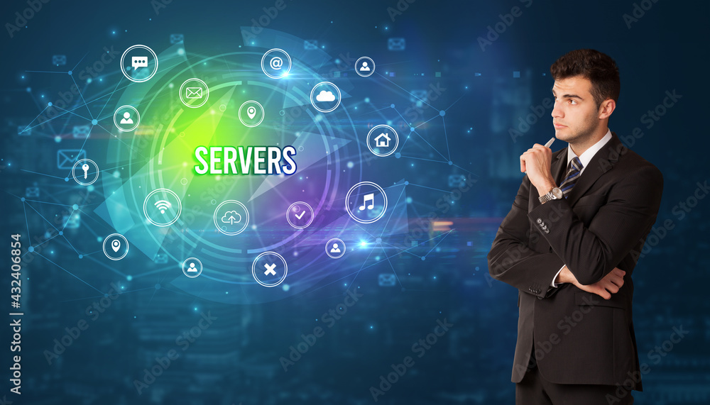 Businessman thinking about modern technology Businessman thinking about modern technology