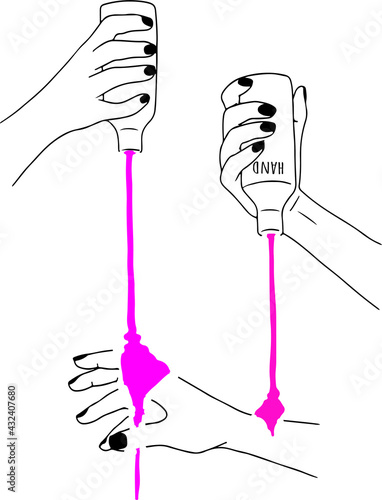 Illustration of female hands squeeze pink cream out of the tubes into a woman's hand. 