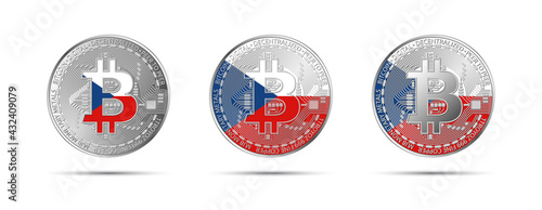 Three Bitcoin crypto coins with flag of Czech Republic. Czechia money of the future. Modern cryptocurrency vector illustration
