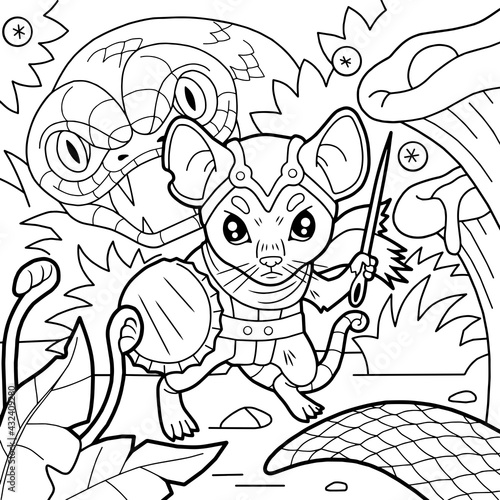 cartoon little mouse knight, coloring book, outline illustration