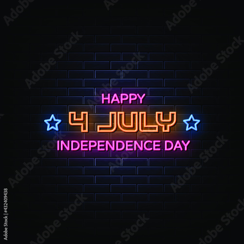 4th of July Independence Day Neon Signs Style Text Vector