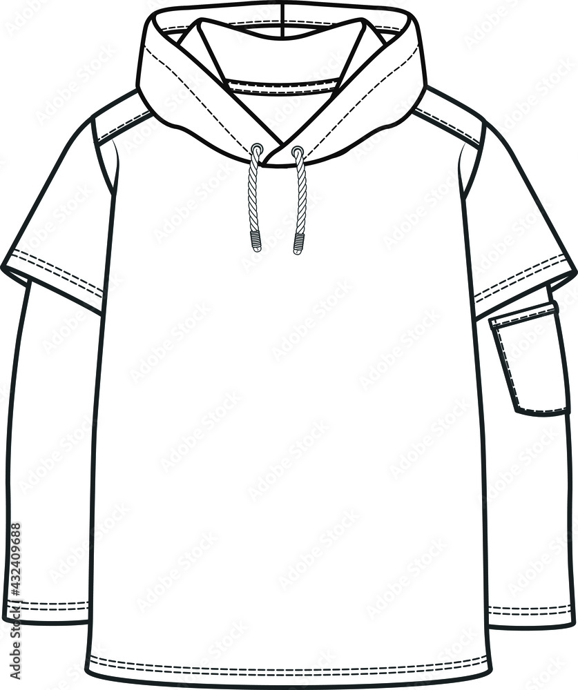 Long sleeve sweatshirt technical flat sketch vector template. Long sleeve  sweatshirt with pocket overall technical fashion | CanStock