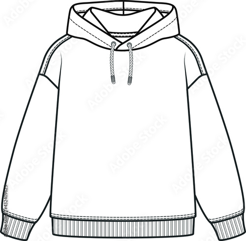 Hoodie flat sketch for kids. Hooded sweatshirt technical drawing. Hoodie sweatshirt design templates