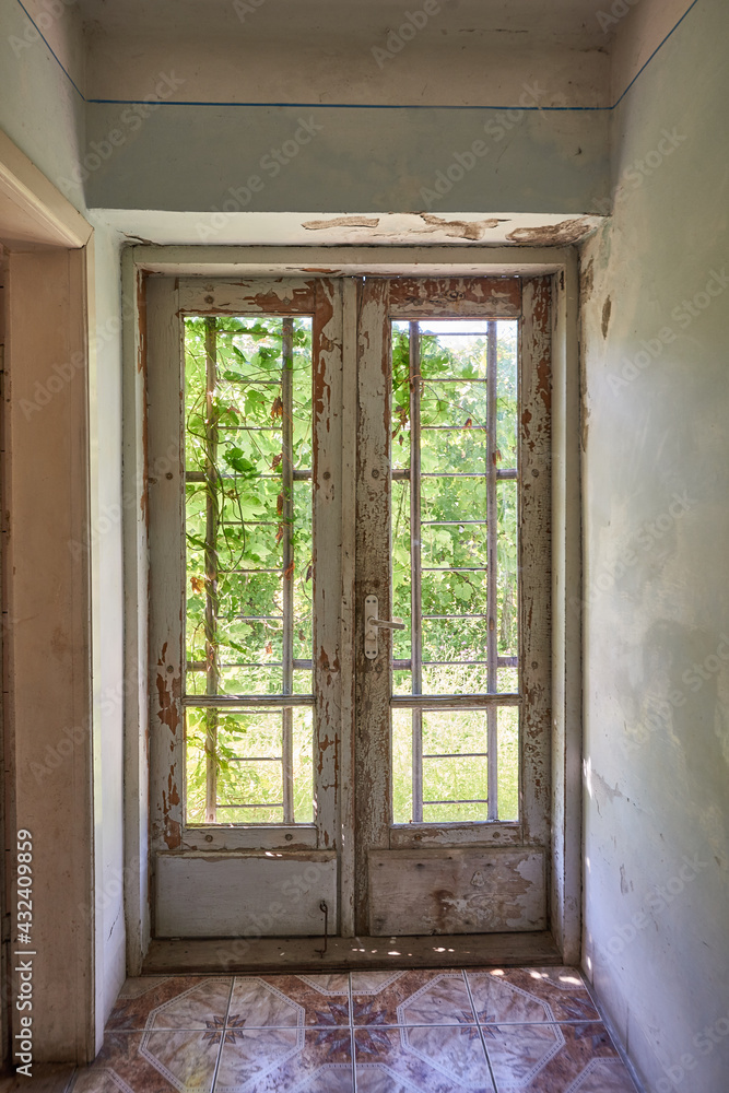 Fototapeta premium Old wooden door with cracked paint with glass inserts