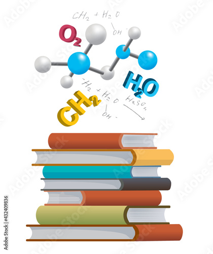 Chemistry textbooks.
Illustration of Pile of books with 3d chemical symbols and formulas. Vector available.