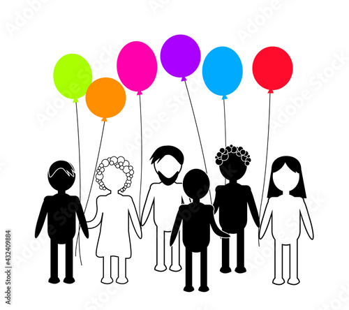 Group of people with colorful balloons. LGBT community. No racism, love and tolerance content. Vector illustration.