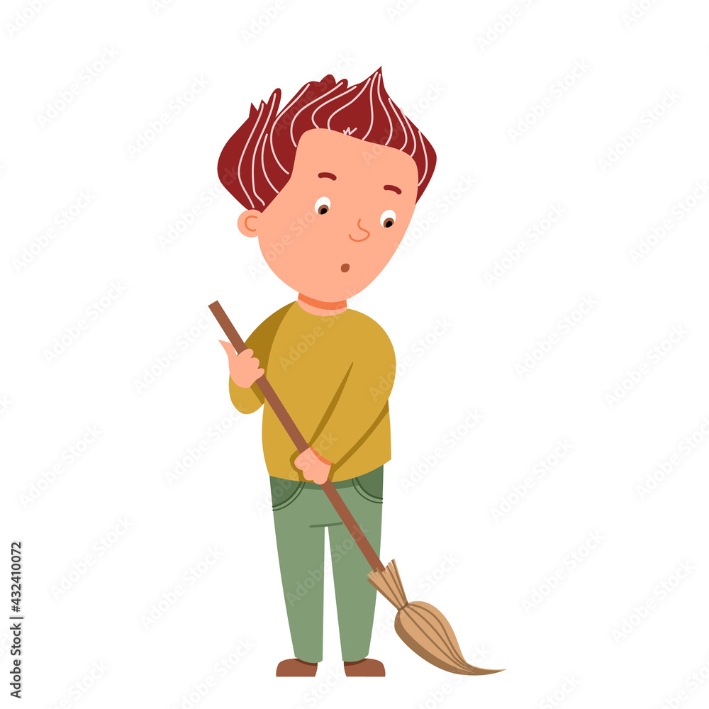A light-skinned boy sweeps with a broom. Assistance in cleaning, conducting a subbotnik. A light-skinned boy sweeps with a broom. Assistance in cleaning, conducting a subbotnik.
