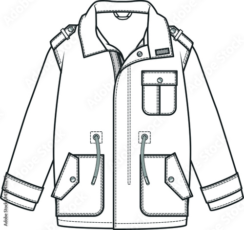 COAT Flat Sketch. Technical drawing APPAREL template. WATER REPELLENT FOR KIDS.