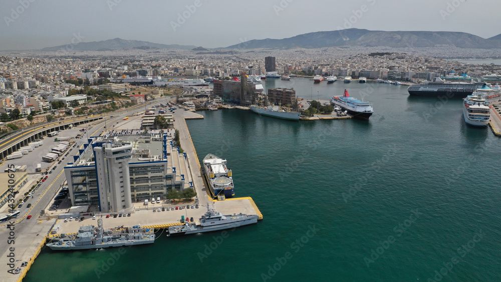 Aerial drone photo of popular port of Piraeus, Attica, Greece